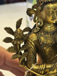 A fine Sino-Tibetan turquoise- and coral-inlaid gilt-bronze Buddha Maitreya, Kangxi