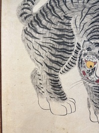 Korean school: 'A pair of tiger paintings', ink and colour on paper, Joseon, 19th C.