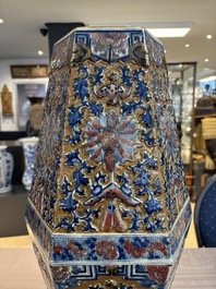 A rare Chinese hexagonal copper-red, blue and white brown-ground vase, 19th C.