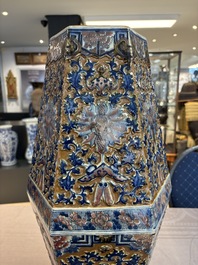 A rare Chinese hexagonal copper-red, blue and white brown-ground vase, 19th C.