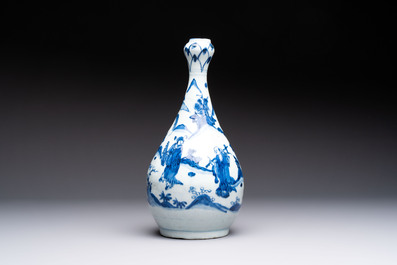 A rare Chinese blue and white 'Immortals' garlic-mouth bottle vase, Liao 料 mark, Wanli/Tianqi
