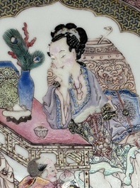 A fine Chinese famille rose ruby-back eggshell plate with a lady and playing boys, Yongzheng