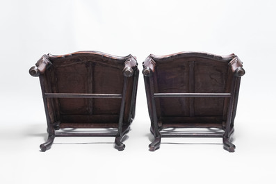 A set of three Chinese marble-inset hongmu chairs, 19th C.