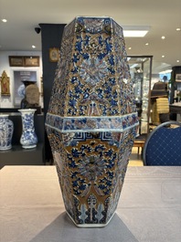 A rare Chinese hexagonal copper-red, blue and white brown-ground vase, 19th C.
