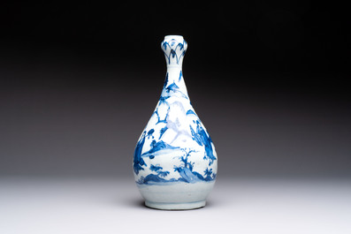 A rare Chinese blue and white 'Immortals' garlic-mouth bottle vase, Liao 料 mark, Wanli/Tianqi