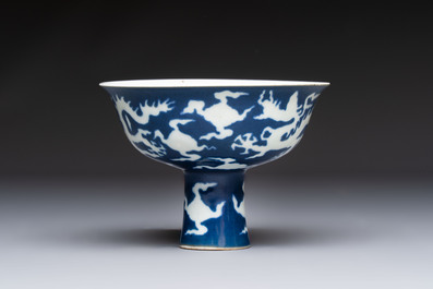 A Chinese sacrificial-blue-ground stem bowl with incised dragon design, Xuande mark, Republic