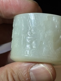 A fine Chinese white jade inscribed archer ring, Zigang 子岡 mark, 18th C.
