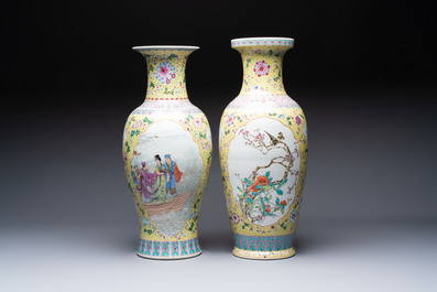 Two Chinese famille rose yellow-ground vases and a turquoise-ground vase, Qianlong and Jing De Zhen 景德鎮 marks, 20th C.
