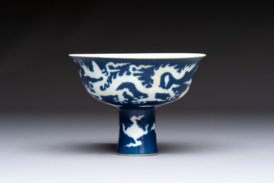 A Chinese sacrificial-blue-ground stem bowl with incised dragon design, Xuande mark, Republic