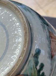 A fine Chinese famille verte 'Sanxing' rouleau vase with a gilt-bronze mount, Qing