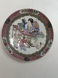 A fine Chinese famille rose ruby-back eggshell plate with a lady and playing boys, Yongzheng