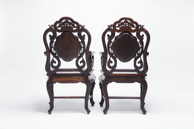 A set of three Chinese marble-inset hongmu chairs, 19th C.