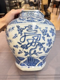 A Chinese blue and white hexagonal 'Three Friends of Winter' and 'shou 壽' vase, Wanli