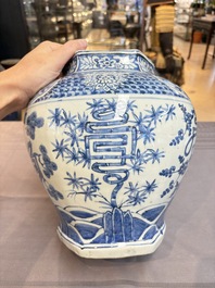 A Chinese blue and white hexagonal 'Three Friends of Winter' and 'shou 壽' vase, Wanli
