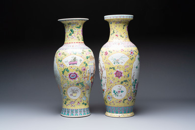 Two Chinese famille rose yellow-ground vases and a turquoise-ground vase, Qianlong and Jing De Zhen 景德鎮 marks, 20th C.