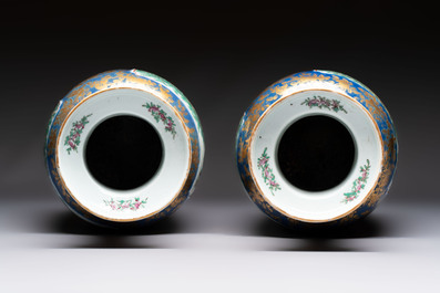 A pair of Chinese famille verte blue-ground gilt-decorated vases and a famille rose 'Elegant Beauties' vase, 19th C.