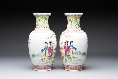 Seven Chinese famille rose vases, a scroll jar and a jardini&egrave;re on a stand, Qianlong marks, 20th C.