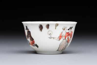 An extremely rare Chinese famille rose 'L'Apoticaire Charitable' cup and saucer, Yongzheng/Qianlong