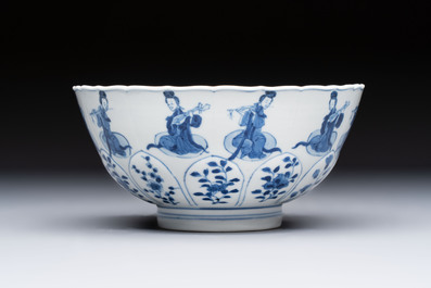 A Chinese blue and white moulded 'Elegant Beauties' bowl, Chenghua mark, Kangxi