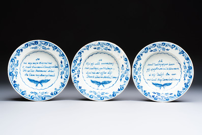 A set of 12 blue and white Dutch Delft 'Proverb' plates, 18th C.