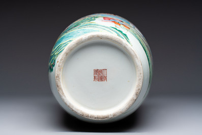 A Chinese famille rose 'Qun Xian Zhu Shou 群仙祝壽' rouleau vase, Qianlong mark, 19th C.