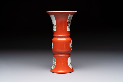 A Chinese famille rose coral-ground 'Gu' vase and a pair of 'Fu Lu Shou 福祿壽' bowls, Qianlong and Guangxu marks, 19th C.