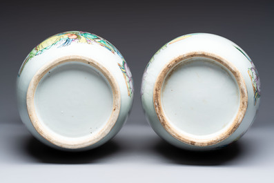 A pair of Chinese famille rose 'Chui Xiao Yin Feng 吹簫引鳳' vases, signed Pan Zhaotang 潘肇唐, dated 1923