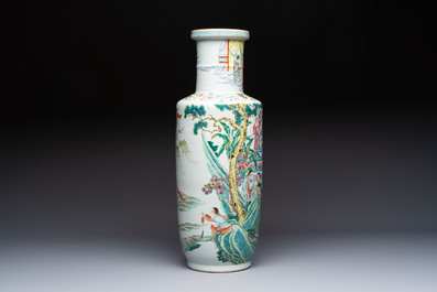 A Chinese famille rose 'Qun Xian Zhu Shou 群仙祝壽' rouleau vase, Qianlong mark, 19th C.