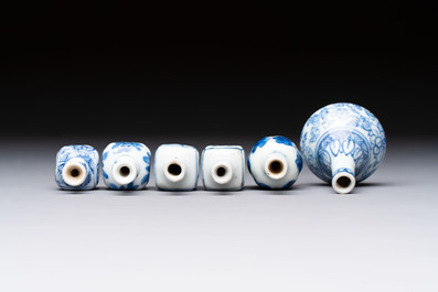 A group of 12 Chinese blue and white miniature vases and a small bottle vase, Kangxi