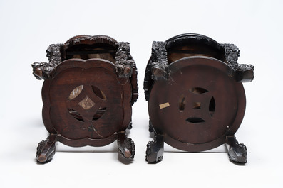 Two finely carved Chinese marble-topped hongmu stands, 19th C.