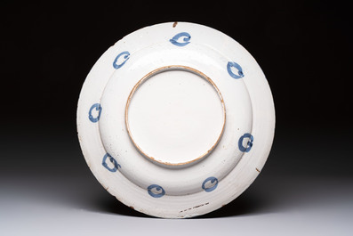 A large blue and white Dutch Delft chinoiserie dish, late 17th C.