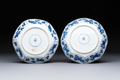 A pair of Chinese blue and white plates with floral design, Ding 鼎 mark, Kangxi