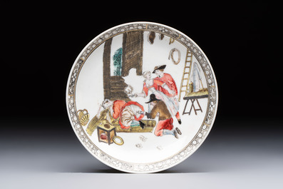 An extremely rare Chinese famille rose 'L'Apoticaire Charitable' cup and saucer, Yongzheng/Qianlong