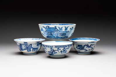 Four Chinese blue and white bowls, Qi Zhen Ru Yu 奇珍如玉 and Ding mark, Kangxi/Qianlong