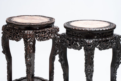 Two finely carved Chinese marble-topped hongmu stands, 19th C.