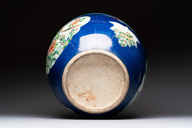 A Chinese famille verte blue-ground fishbowl with narrative design, 19th C.