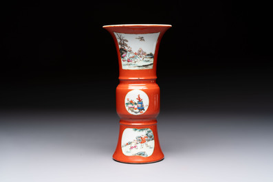 A Chinese famille rose coral-ground 'Gu' vase and a pair of 'Fu Lu Shou 福祿壽' bowls, Qianlong and Guangxu marks, 19th C.