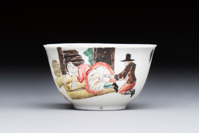 An extremely rare Chinese famille rose 'L'Apoticaire Charitable' cup and saucer, Yongzheng/Qianlong