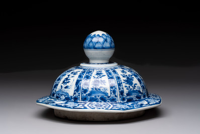 Five Chinese blue, white, famille rose and wucai covers, Kangxi and later
