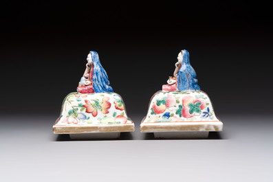 Five Chinese blue, white, famille rose and wucai covers, Kangxi and later
