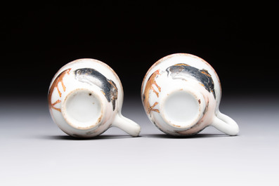 A pair of rare Chinese gilt- and silver-decorated grisaille and iron-red miniature 'Horse' cups, Yongzheng/Qianlong