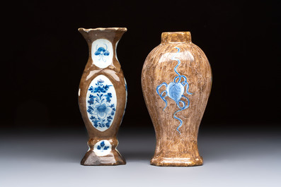 Two blue and white Dutch Delft capucin-brown-ground vases, 18th C.