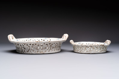 Two reticulated Brussels faience 'A la Haie Fleurie' baskets and a sauce boat, 18th C.