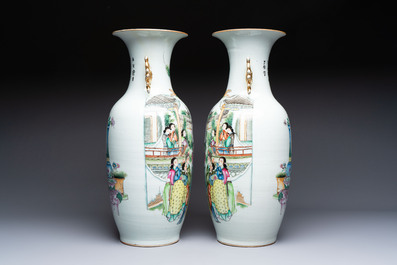 A pair of Chinese famille rose 'Chui Xiao Yin Feng 吹簫引鳳' vases, signed Pan Zhaotang 潘肇唐, dated 1923