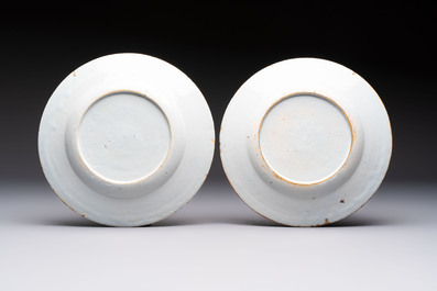 A pair of fine polychrome Dutch Delft 'Coastal View' plates, 18th C.