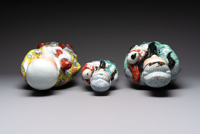 Three Chinese famille rose figures of the star gods, Mao Ji Sheng 茂記生 and You Long Sheng 游隆盛 mark, 19/20th C.