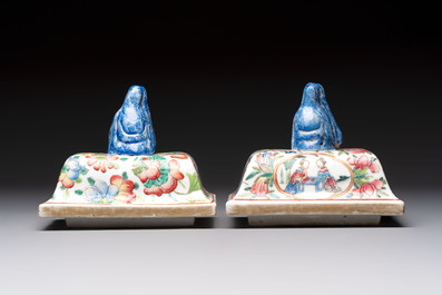Five Chinese blue, white, famille rose and wucai covers, Kangxi and later