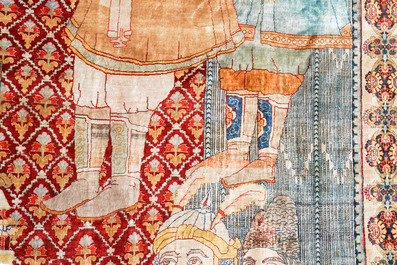 An exceptional and large embroidered silk 'Shahnameh' carpet, signed Musa Baft Tabriz, Tabriz, Iran, 20th C.