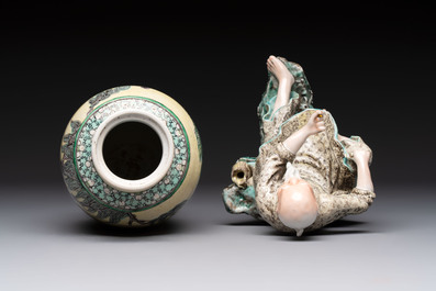 A Chinese verte biscuit vase, a sculpture of a fisherman and a Milefo Buddha, You Lin Ji 游林記造 and Zhu Mao Ji 朱茂記造 mark, 20th C.