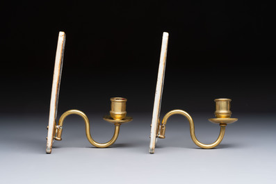 A pair of Chinese Canton famille rose 'Mandarin Subject' wall sconces, Qianlong